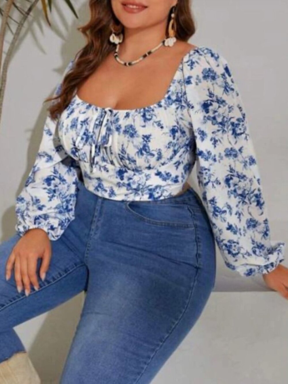 Blue Floral Long Sleeved Rushed Bust Crop with Puff Sleeves Blouse 4XL